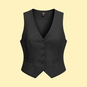 Express Women Black Linen Blend Button Front Tailored Vest Medium NWT 90s Vibe
